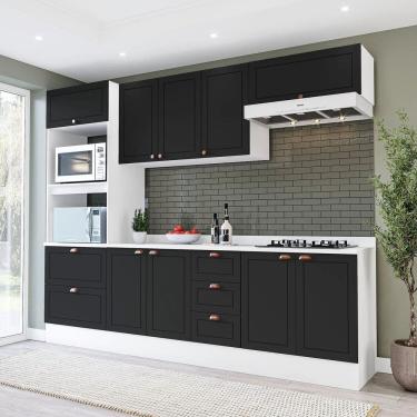 Imagem de Cozinha Pérola com Tampo e Rodapé 5 Peças Torre Quente Aéreo 3 Portas Basculante Balcão 120 e de 80 Branco/Preto