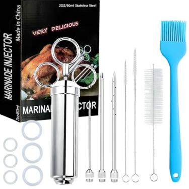 Imagem de PEOUWNES Kit de seringa injetora de carne de aço inoxidável 304 com 3 agulhas de marinada para churrasqueira, defumador, peru, carne bovina, peito, peixe, grande capacidade, escova de silicone e