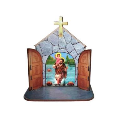 Imagem de Mini Capela Oratório Display Enfeite de Mesa São Cristovão 12cm Mdf Ma
