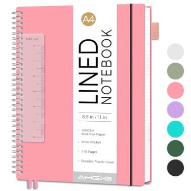 Imagem de AHGXG Caderno espiral forrado 21,6 cm x 28 cm, diário grande A4 para mulheres e homens, 110 páginas numeradas, caderno pautado na faculdade, papel 100 GSM, capa de plástico impermeável, para anotações