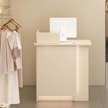 Imagem de Mesa de recepção, balcão de recepção de mesa frontal com luzes LED, gaveta com trava e armário de armazenamento, balcão de caixa de varejo para lobby loja de roupas escritório, bege + bege, 100 cm