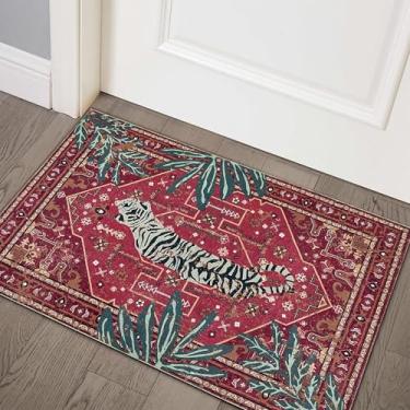 Imagem de Aldopein Tapetes tribais vintage, 5 x 7 cm de lã sintética, vermelho, boho, para banheiro, cozinha, pequeno, interior, entrada, moderno, vintage, envelhecido, tribal, indiano, antiderrapante