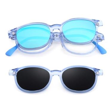 Imagem de EYEBUDDY Óculos de sol com clipe magnético infantil, óculos de sol polarizados UV para meninos e meninas (1 armação + 2 suportes de lentes magnéticas), Armação azul