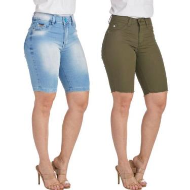 Imagem de Kit 2 Bermudas Jeans HNO Jeans Ciclista com Elastano Azul e Verde Musg