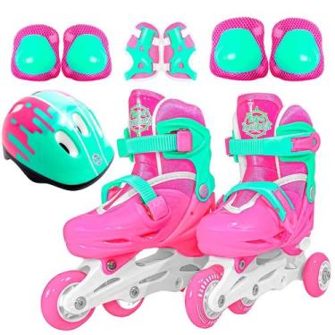 Imagem de Patins Infantil Triline Inline Com Kit Proteção 30-33 Rosa Meninas Até