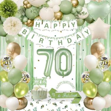 Imagem de Decorações de aniversário de 70 anos - Faixa feliz de ouro verde sálvia, cortina de franja, toalha de mesa, faixa, coroa, pompons, número 70 balões para decoração de festa feminina e masculina