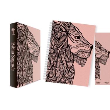 Imagem de Kit Leão Rosa - Bíblia Capa Dura ntlh + Caderno + Marca Página