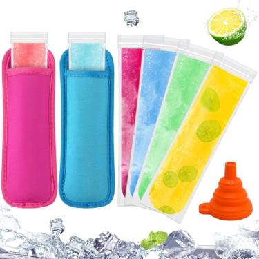 Imagem de FEBSNOW 100 sacos descartáveis para picolé com 2 capas de picolé, suporte de neoprene para congelador e tubos de freezer com selos de zíper para lanches, palitos de iogurte, vitaminas de frutas vêm