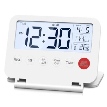 Imagem de AMIR Despertador de viagem, despertador digital portátil, temporizador de calendário compacto com soneca, tela 12/24H, relógio LCD alimentado por bateria para viagens, casa e escritório