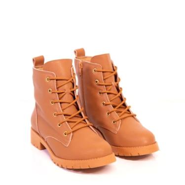 Imagem de Bota Coturno Feminina Tratorada Cano Médio Couro Confortável Cor:Caramelo;Tamanho:34