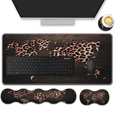 Imagem de FGDRFGRW Conjunto de mouse pad (31,5 × 11,8 cm) tapete de mesa + suporte de descanso de pulso para teclado + descanso de pulso para mouse + porta-copos para escritório, casa, computador, laptop - 4 lindos mapa do mundo com estampa de leopardo