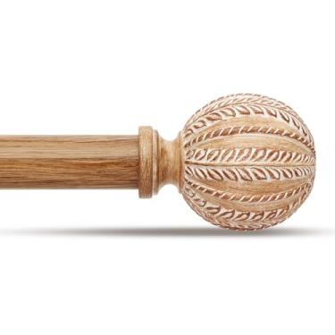 Imagem de JRZOO Varão de cortina de madeira para janelas de 166 a 300 cm, 2,5 cm de diâmetro, ajustáveis, resistentes e rústicas, com acabamentos decorativos de grão de madeira de imitação boho, tamanho: 76-300