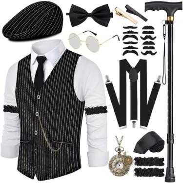 Imagem de VillbeCoser Fantasia masculina anos 20 anos 20, conjunto de acessórios para fantasia dos anos 20, suspensórios, chapéu, relógio de bolso, gravata, Chapéu Streakvest-boina, G