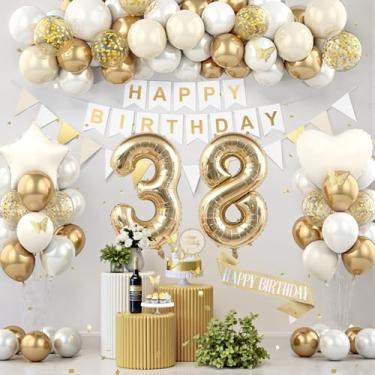 Imagem de Decorações de aniversário de 38 anos, decorações de festa de aniversário de ouro branco para mulheres e homens, balões de creme boho bege suprimentos de festa com faixa, faixa brilhante, topo de bolo