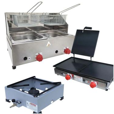 Imagem de Kit Lanchonete Fogão Portátil 1 Boca + Chapa 60cm Com Prensa E Fritadeira 2 Cubas 5 Litros Alcamar