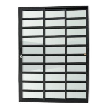 Imagem de Porta De Correr Com Travessas 3 Folhas 1/3 Super Vidro Liso 210cm X 180cm Brimak Preto