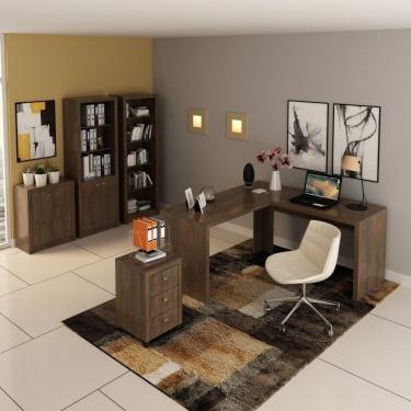 Imagem de Conjunto Home Office 5 Peças Com 1 Mesa 1 Armário 1 Gaveteiro 1 Estante 1 Balcão Espresso Móveis Rústico
