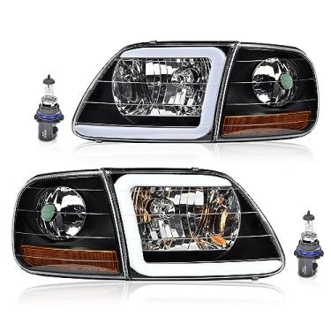 Imagem de G-PLUS Faróis de LED compatíveis com Ford Expedition 1997-2002/Fit Ford F150 1998-2003 DRL faróis de para-choque com luzes de estacionamento de canto, lente transparente, alojamento preto, refletor