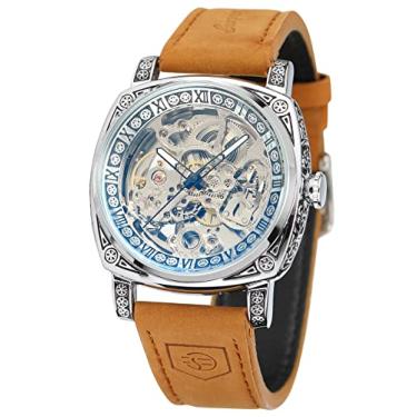 Imagem de FORSINING Relógio de pulso masculino vintage esqueleto automático movimento mecânico número romano com pulseira de couro genuíno, Prata, Clássico