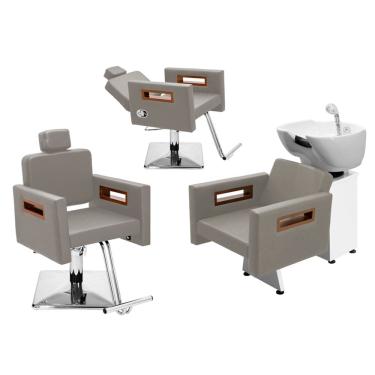 Imagem de Kit Salão de Beleza 1 Cadeira Fixa + 1 Reclinável Quadrada + 1 Lavatório Tunísia