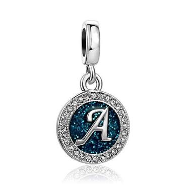 Imagem de MiiFort Pingente de letra A com inicial azul do alfabeto para presente de aniversário Pandora para mulheres, mãe, filha, irmã, tia, avó, amiga, neta