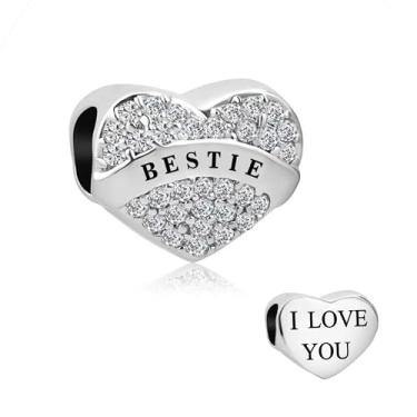 Imagem de MiiFort Bestie Sparkling I Love You Heart Charm Fits Pandora Charms Braceletes Brilhantes Diamante Transparente CZ Bead Joias de Aniversário Presente para Irmãs Melhores Amigas Amizade