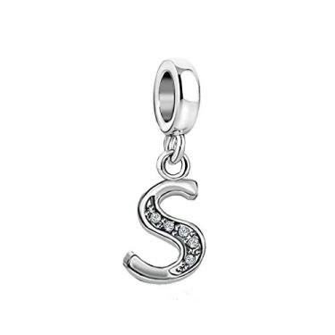 Imagem de MiiFort Pingente de letra S com inicial para pulseiras Pandora Charms para mulheres, nome, família, alfabeto, prata, zircônia cúbica