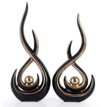 Imagem de DOVDOV Conjunto de estátua abstrata de cerâmica de 2 peças, detalhes de decoração de casa preto e dourado para decoração de casa em decoração de prateleira exclusiva, divisória de armário de TV e mesa