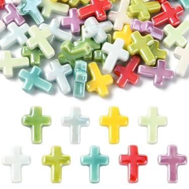 Imagem de KitBeads 45 contas de porcelana cruz cerâmica fé crucifixo contas religiosas Jesus contas religiosas para fazer joias, pulseiras, colares, canetas, artesanato