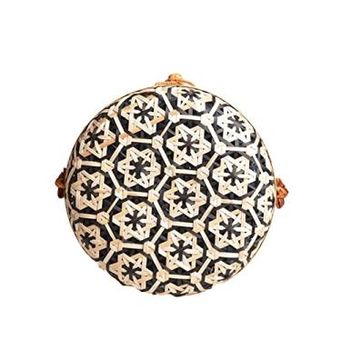 Imagem de SHAREYOIU Bolsas de ombro redondas de bambu tecidas à mão, estilo tropical de praia natural chique com alça de couro, Preto, Big，7.87x 3.2 inch