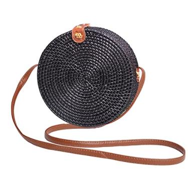Imagem de SHAREYOIU Candy Colors Bolsas de ombro redondas de vime feitas à mão, estilo praia tropical natural chique com alça de couro, 1 preto, Big，7.87x 3.2 inch