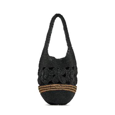 Imagem de SHAREYOIU Bolsa feminina retrô de palha listrada de malha floral bolsa de ombro bolsa de praia, Preto