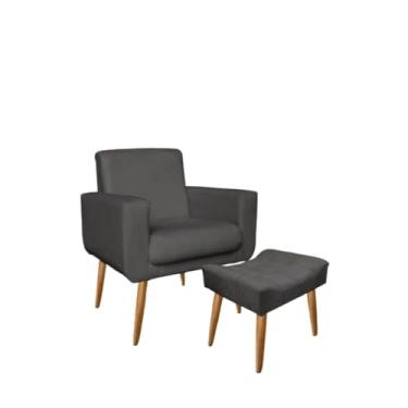 Imagem de Kit Poltrona e Puff Requinte com Pés Palito Suede Aninha Decor (Cinza ESCURO)