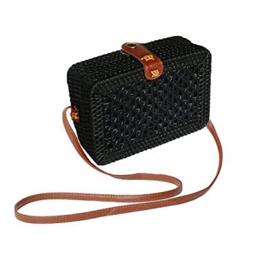 Imagem de SHAREYOIU Bolsa de ombro feita à mão de palha Bali feita à mão, bolsa tiracolo estilo praia, Preto, One Size