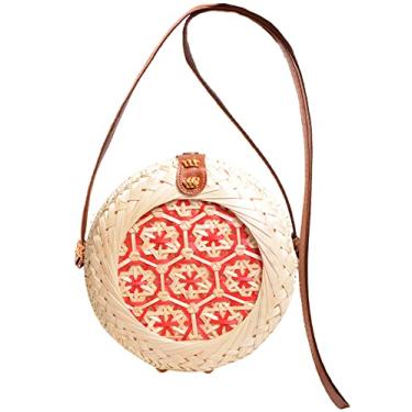 Imagem de SHAREYOIU Bolsas de ombro redondas de bambu tecidas à mão, estilo tropical de praia natural chique com alça de couro, 4#vermelho, Big，7.87x 3.2 inch