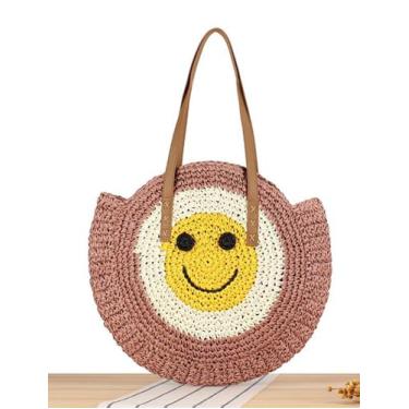 Imagem de SHAREYOIU Bolsa feminina redonda de palha, bolsa de ombro, bolsa de praia, bolsas de mão com alça superior, design vazado, rosa