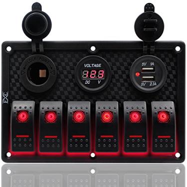 Imagem de FXC Painel de interruptor de balancim para barco à prova d'água 6 gangues com duplo encaixe USB + isqueiro de cigarro + display de tensão digital luz LED para carros veículos Rv caminhão (luz vermelha de 6 gangues)