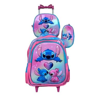 Imagem de Kit Mochila Escolar Infantil com Rodinhas + Lancheira + Estojo do Stitch em 3D