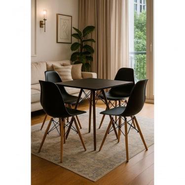 Imagem de Mesa De Jantar Quadrado Eiffel 80cm Preta Com 4 Cadeiras Charles Eames Preta.