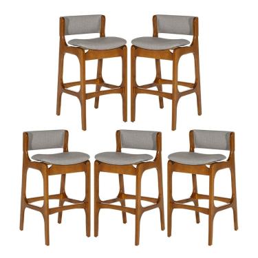 Imagem de Kit 5 Banquetas Alta Ella em Madeira Estofada Facto Cinza Claro L96 RMI