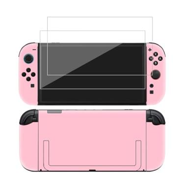 Imagem de Adesivo de película compatível com Nintendo Switch 2, conjunto completo de vinil, capa de adesivo rosa, pacote com 2 protetores de tela de vidro temperado para console de jogos