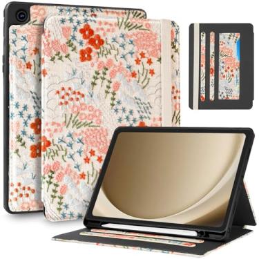 Imagem de Uppuppy Capa para Samsung Galaxy Tab A9 Plus de 28 cm – Capa com suporte para lápis e compartimento para cartão, design de flores florais femininas, capas estéticas para Samsung Tab A9 Plus