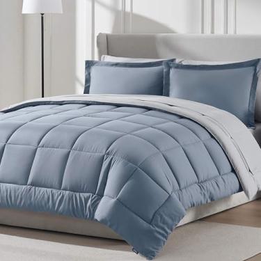 Imagem de Nestl Conjunto de edredom de 9 peças California King – Cama reversível azul pedra em uma bolsa – Conjunto completo de cama king size Cal com lençóis, travesseiros alternativos de plumas, fronhas e