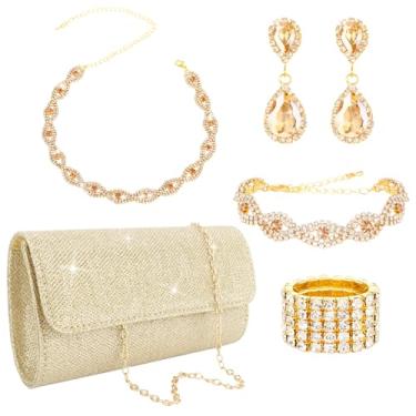 Imagem de Conjunto de joias de ouro para mulheres, colar de strass brilhante, brincos, pulseiras, bolsa de embreagem brilhante, acessórios dourados para mulheres, noiva, casamento, dama de honra, festa noturna