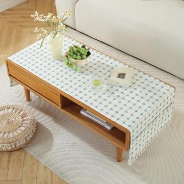 Imagem de Wuluwala Toalha de mesa de café retangular xadrez com borlas e bolsos capa de jacquard bordada contra poeira para sala de estar, cozinha, ambientes internos e externos, 51 x 180 cm, azul