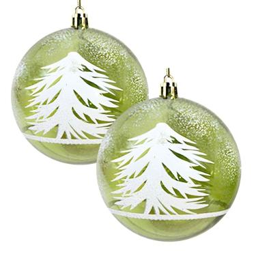 Imagem de Jogo 2 Bolas Natal Verde Decorada Translúcida Pinheiro Nevado 10cm - Magizi