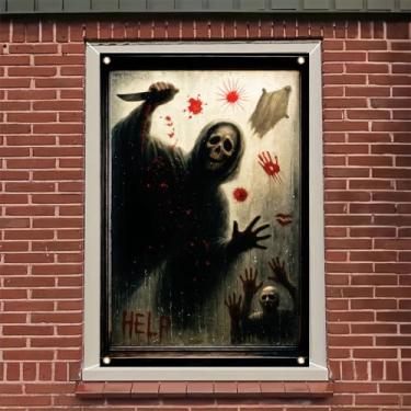 Imagem de Saoplasa Capa de janela de Dia das Bruxas, 119 x 78 cm, pôster de rosto de fantasma assustador, adesivo de janela de terror, estampa sangrenta, decoração de casa assombrada, cena de faca assustadora