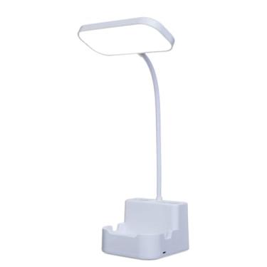 Imagem de Luminária LED de Mesa Recarregável, 3 Níveis de Intensidade, Base com Suporte para Celular e Porta Canetas, Haste Flexível 360°, Branca