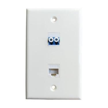 Imagem de BUPLDET Placa de parede Ethernet CAT6 de fibra LC/UPC de 1 porta - Placa de cobertura de fibra óptica duplex LC com conector Keystone CAT 6 RJ45 - Branco