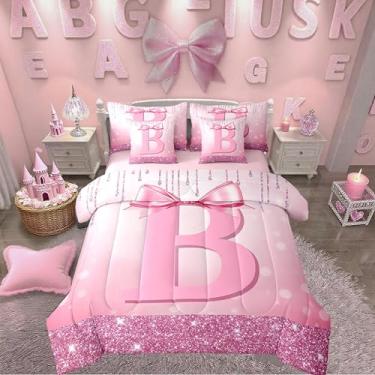 Imagem de Erosebridal Conjunto de cama de casal com inicial B, 7 peças, com laço rosa feminino, coquete, glitter, com lençóis, alfabeto, letra, adolescente, edredom, presentes com monograma